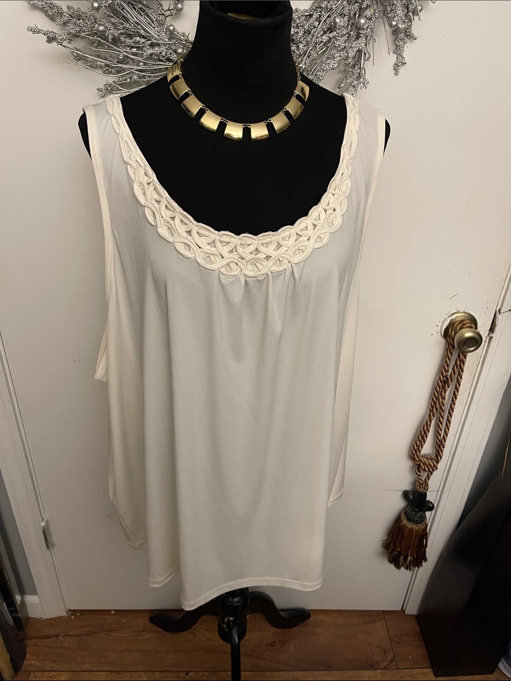 Maggie Barnes Cream Sleeveless Tank with Braided Scoop Neck